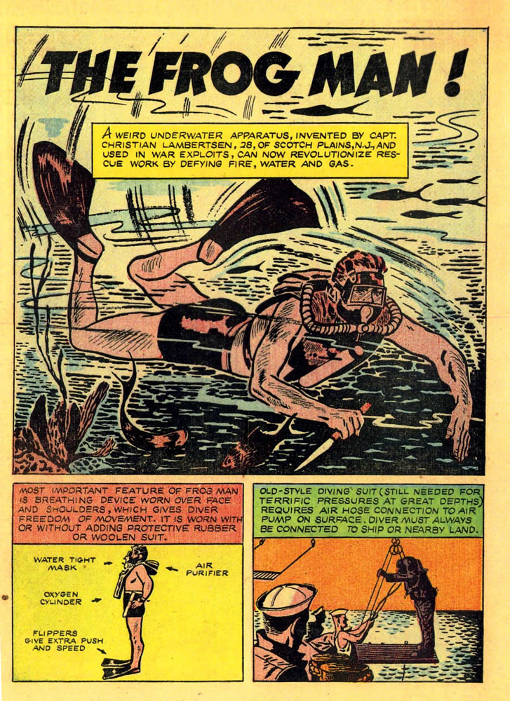 A June 1946 comic book featuring the Lambertsen Amphibious Respiratory Unit (LARU) used by the Office of Strategic Services Maritime Unit (OSS MU) during World War II. Interesting that it is characterized as “A weird underwater apparatus.”v A June 1946 comic book featuring the Lambertsen Amphibious Respiratory Unit (LARU) used by the Office of Strategic Services Maritime Unit (OSS MU) during World War II. Interesting that it is characterized as “A weird underwater apparatus.”
