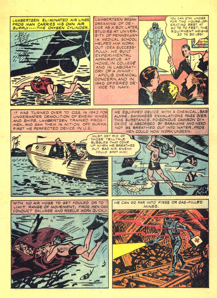 A June 1946 comic book featuring the Lambertsen Amphibious Respiratory Unit (LARU) used by the Office of Strategic Services Maritime Unit (OSS MU) during World War II. Interesting that it is characterized as “A weird underwater apparatus.” A June 1946 comic book featuring the Lambertsen Amphibious Respiratory Unit (LARU) used by the Office of Strategic Services Maritime Unit (OSS MU) during World War II. Interesting that it is characterized as “A weird underwater apparatus.”