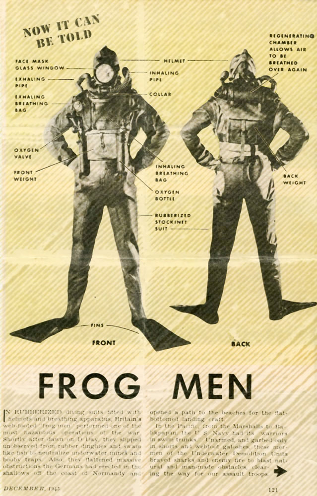 This is a page from an unknown British magazine dated December 1945. The caption reads: IN RUBBERIZED diving suits fitted with helmets and breathing apparatus, Britain’s web-footed “frog men” performed one of the most hazardous operations of the war. Shortly after dawn on D-Day, they slipped unobserved from rubber dinghies and swam like fish to neutralize underwater mines and booby traps. Also, they flattened massive obstructions the Germans had erected in the shallows off the coast of Normandy and opened a path to beaches for the flat-bottomed landing craft. In the Pacific, from the Marshalls to Balikpapan, the U.S. Navy had its “warriors in swim trunks.” Unarmed and garbed only in shorts and webfoot galoshes, these mermen of Underwater Demolition Units braved sharks and enemy fire to blast natural and man-made obstacles, clearing the way for our assault troops…(no additional narrative). The word “mermen” is British humor and take on the word “mermaid.” It is not in the dictionary. This is a page from an unknown British magazine dated December 1945. The caption reads: IN RUBBERIZED diving suits fitted with helmets and breathing apparatus, Britain’s web-footed “frog men” performed one of the most hazardous operations of the war. Shortly after dawn on D-Day, they slipped unobserved from rubber dinghies and swam like fish to neutralize underwater mines and booby traps. Also, they flattened massive obstructions the Germans had erected in the shallows off the coast of Normandy and opened a path to beaches for the flat-bottomed landing craft. In the Pacific, from the Marshalls to Balikpapan, the U.S. Navy had its “warriors in swim trunks.” Unarmed and garbed only in shorts and webfoot galoshes, these mermen of Underwater Demolition Units braved sharks and enemy fire to blast natural and man-made obstacles, clearing the way for our assault troops…(no additional narrative). The word “mermen” is British humor and take on the word “mermaid.” It is not in the dictionary.