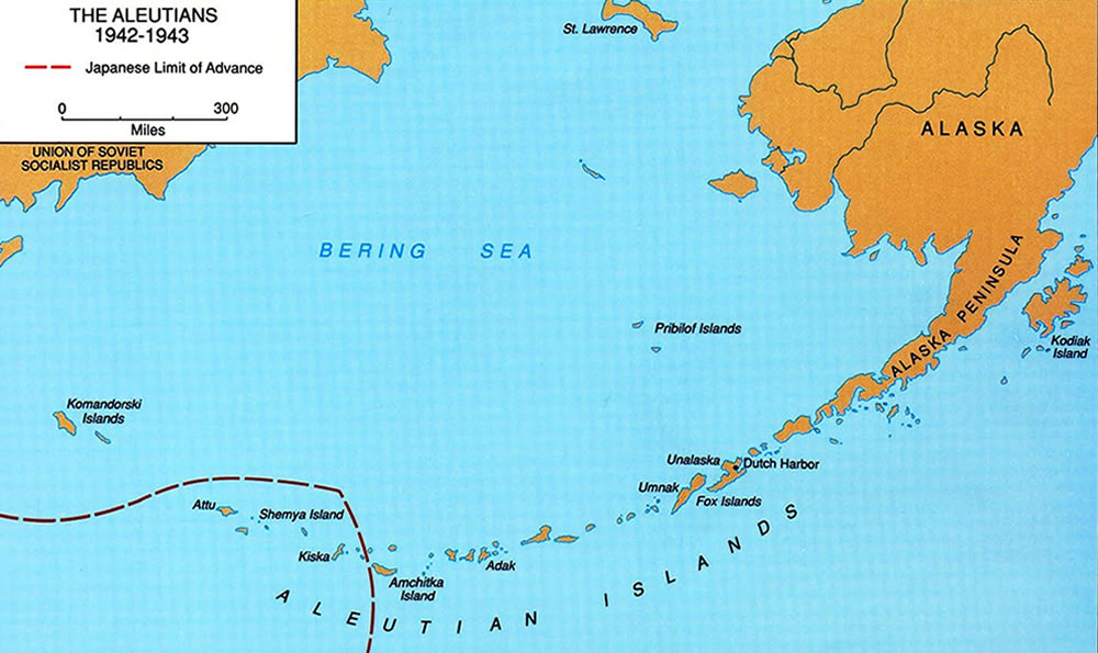 Map showing Attu and Kiska in the Aleutian Islands